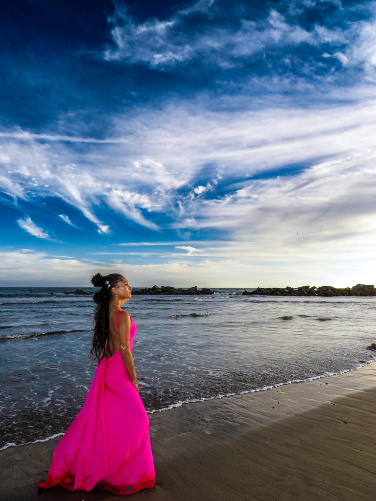 Maria Williams in profile at the waterline in a pink gown with wide blue sky above